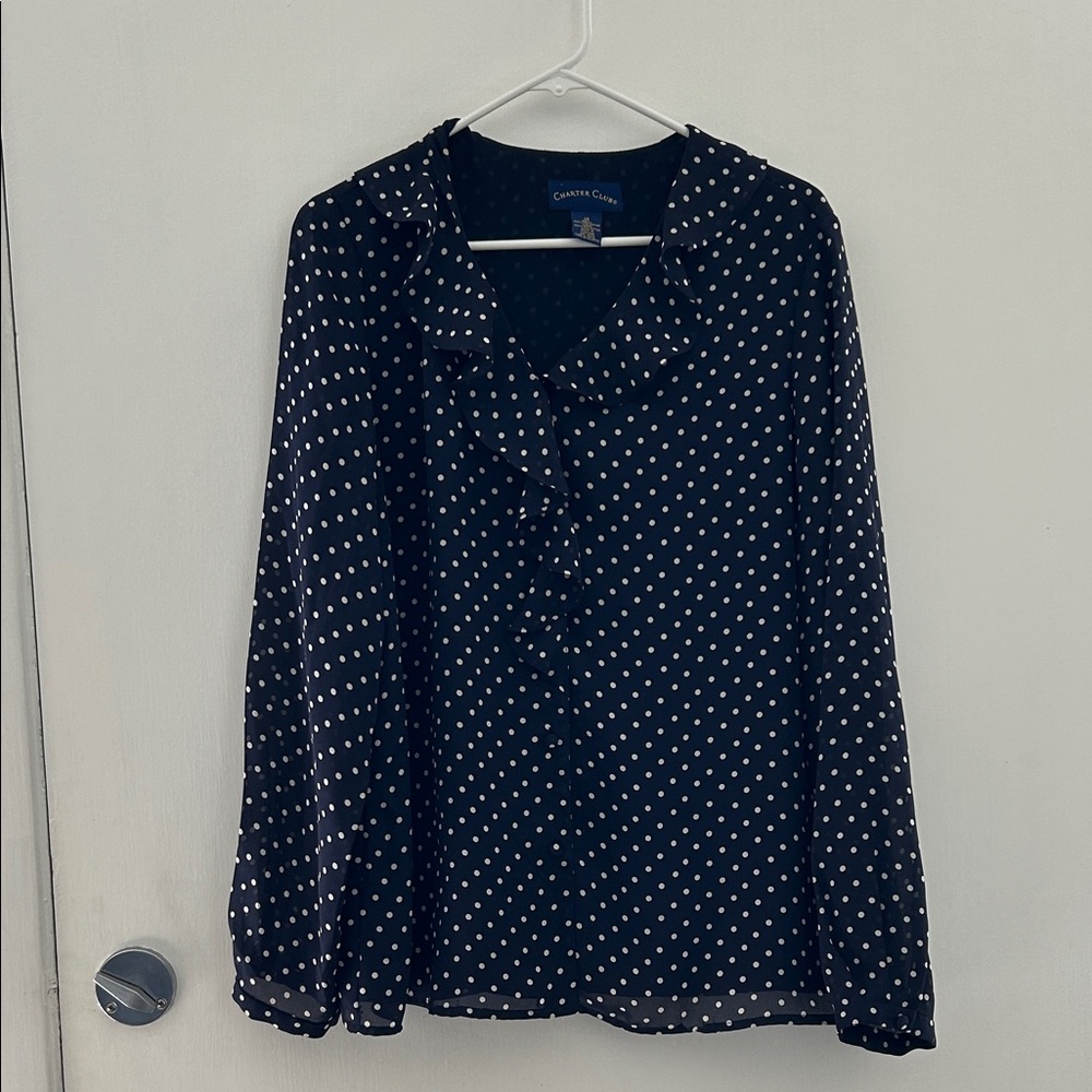 Charter Club Navy and White Polka Dot Blouse